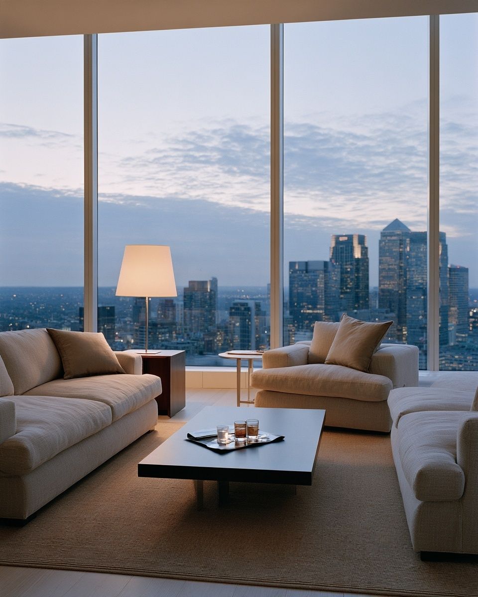 A penthouse living room at dusk with the city beyond tall windows