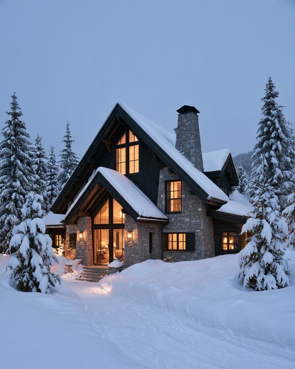 A timber and stone chalet in fresh snow at dusk with lit windows