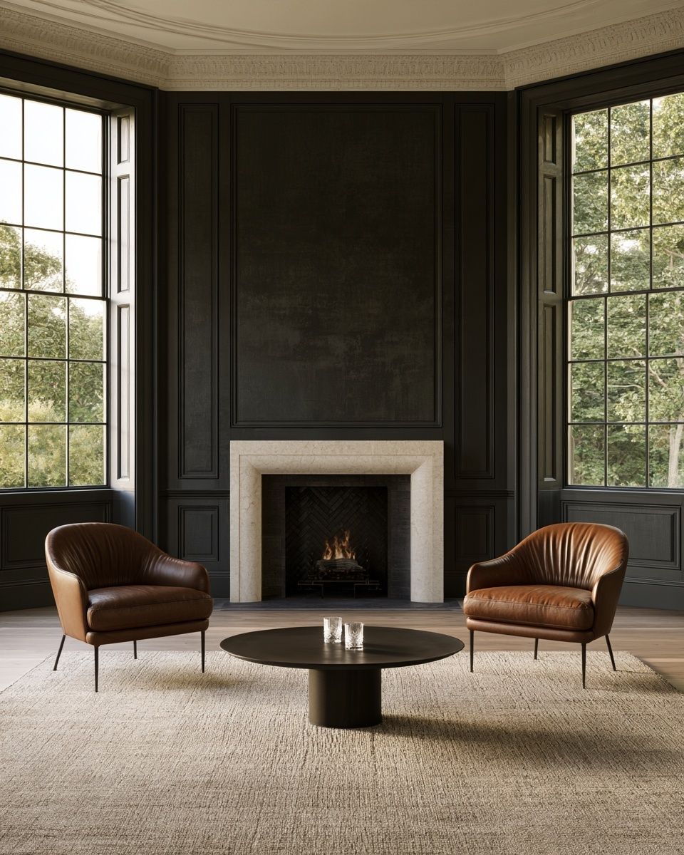 The lounge of a private members' club with leather armchairs and a fireplace