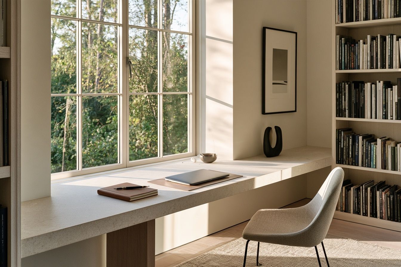 A writing desk by a library window with a notebook and a laptop