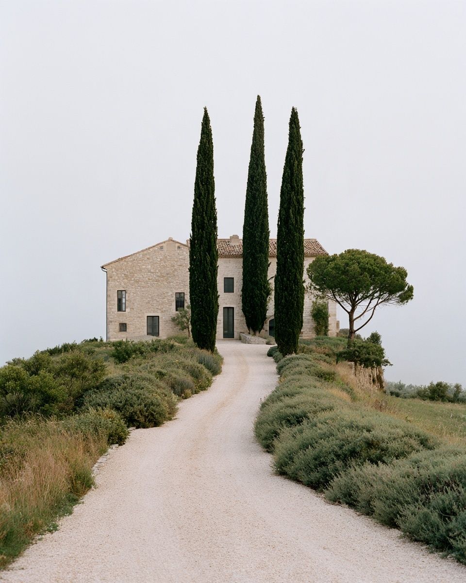A stone country house among cypress trees in morning mist