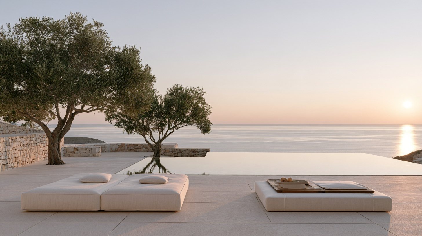 The terrace of a private villa above a calm sea at golden hour