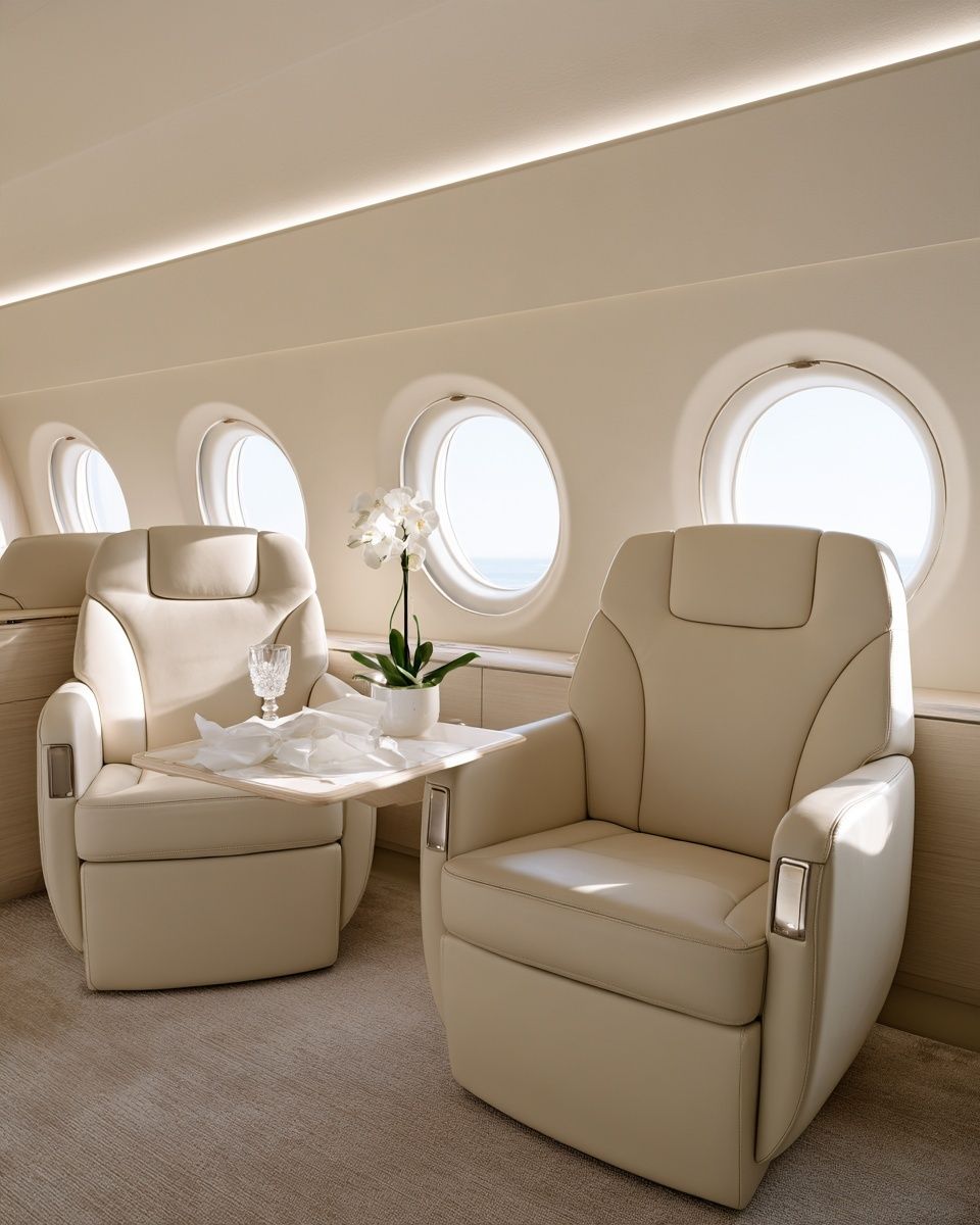 A private jet cabin with cream leather armchairs and a table laid in linen