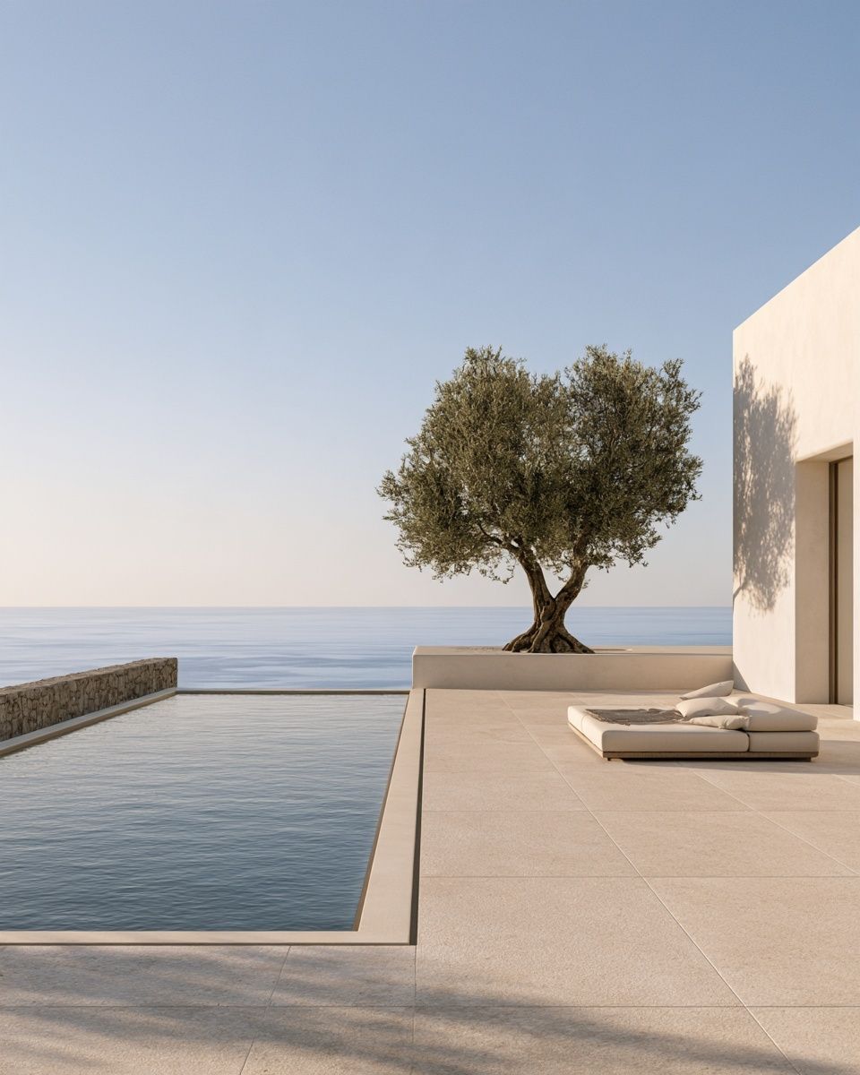 A white villa above the sea with a long infinity pool