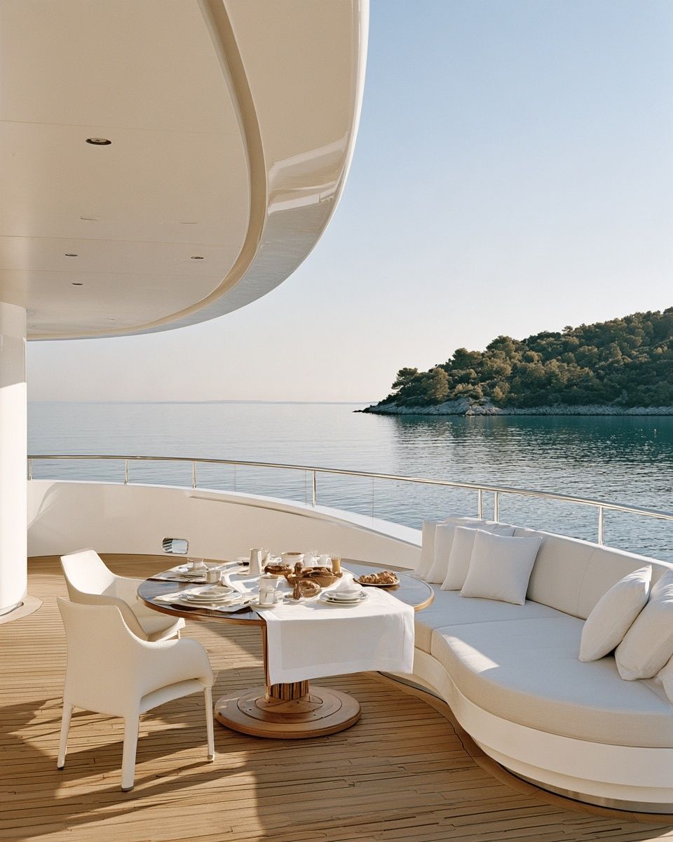 The aft deck of a yacht at anchor with a breakfast table laid in white linen